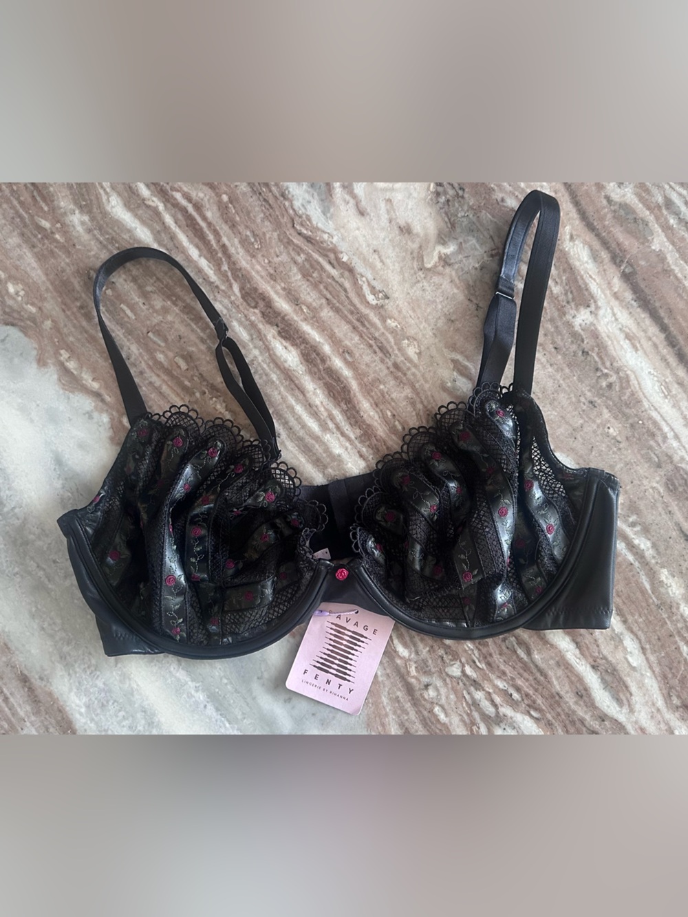 Savage X Fenty Black Lace Underwire Bra with Pink Floral Detail